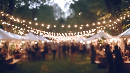 Fototapeta premium Dreamy String Lights and Outdoor Night Market Party Background for Invitation, Holiday Poster, Banner, Web Design, Celebration