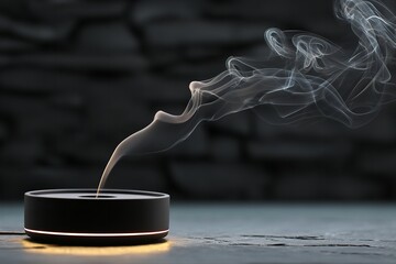 Captivating incense burner releasing wisps of fragrant smoke against a textured dark stone backdrop