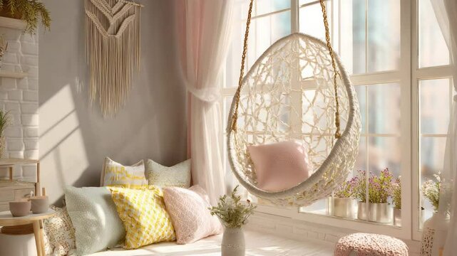 A cozy terrace corner with a hanging chair, macrame decorations, and pastel-toned pillows with a cup of coffee on the side table