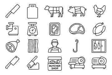 Butcher Shop Line Icons Set - Meat Processing Equipment and Tools Vector Collection