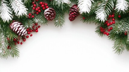 Snowy Pinecone and Red Berry Christmas Border Background for Card, Invitation, Banner, Web Design, Holiday Decoration