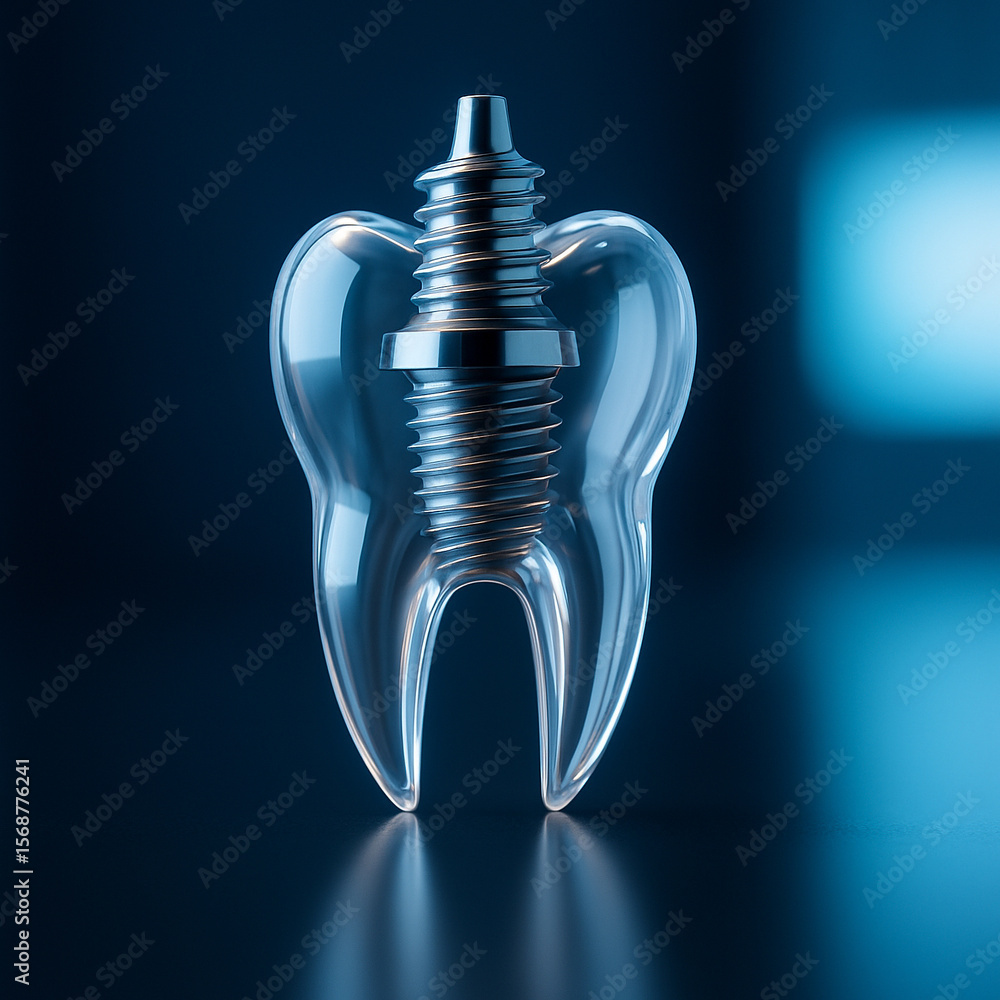 Poster ai generated digital rendering of a transparent tooth showing internal metallic dental implant struc