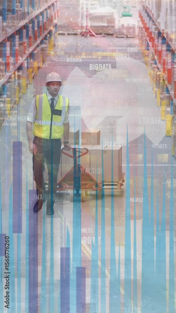 Poster animation of data processing one man working in warehouse