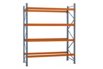 3d rendering of an empty orange and grey metal storage shelf isolated on transparent background