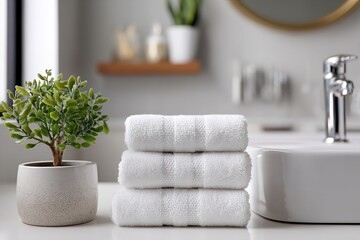 Elegant bathroom decor featuring stacked white towels and a small green plant on a countertop
