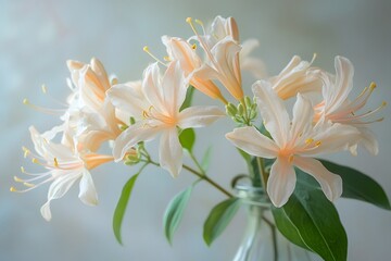 Fototapeta premium A few honeysuckle flowers are arranged in a vase, their petals delicate and light