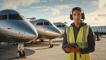Airport Ground Crew at Work: A focused airport ground crew member, dressed in professional attire and equipped with a tablet, stands confidently in front of gleaming private jets, ready for work. - Powered by Adobe