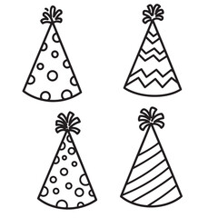 Set of festive party hats with different decorative patterns black and white vector illustration vintage art