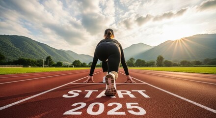 A woman prepares to start running on a track with the year 2025