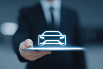 Innovative technology showcasing digital car model on tablet, symbolizing future of automotive design and connectivity