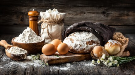 Fresh Ingredients for Baking Bread with Flour and Eggs on Table
