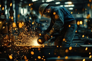 Industrial Worker Grinding Metal with Sparks Flying in a Factory Setting