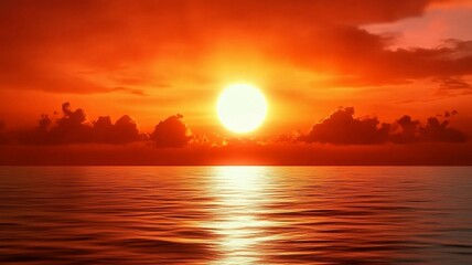 Stunning Red Sunset Over Ocean with Reflection, Beautiful Seascape Illustration for Poster, Banner, Web Design, Nature Theme