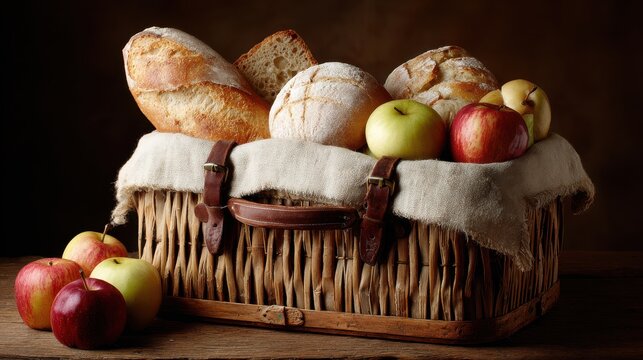 Fresh Bread and Apples in Rustic Basket on Wooden Table