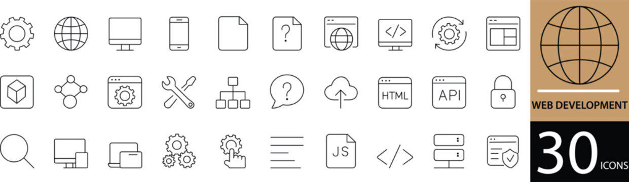 Minimal Web Development Line Icon Set 30 Clean Outline Designs for Coding, Programming.