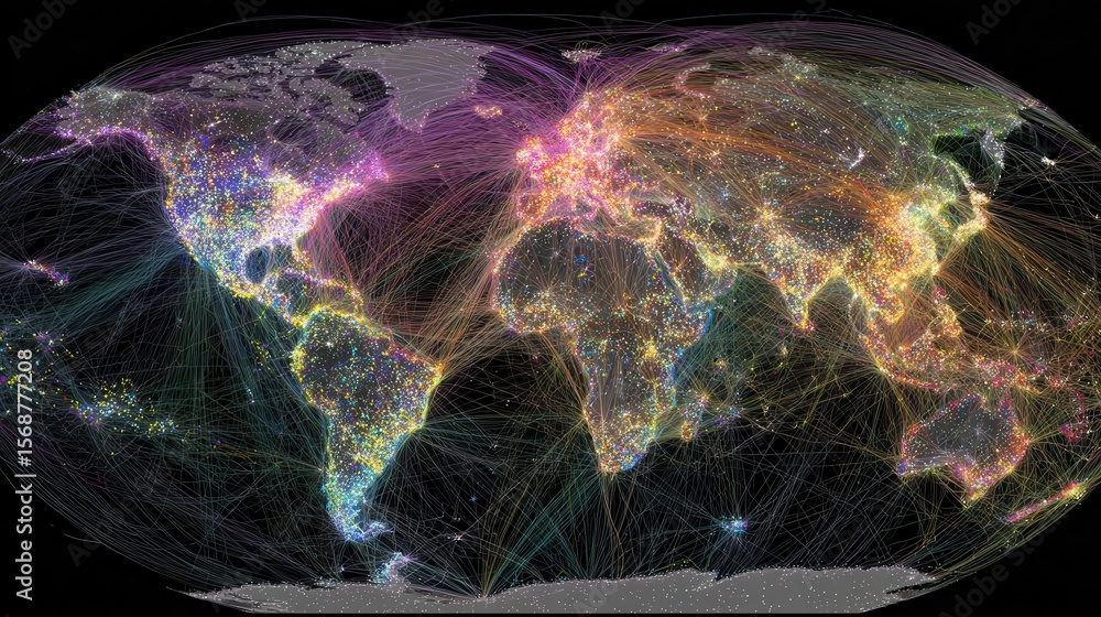Poster global network of connections visualized on a world map.