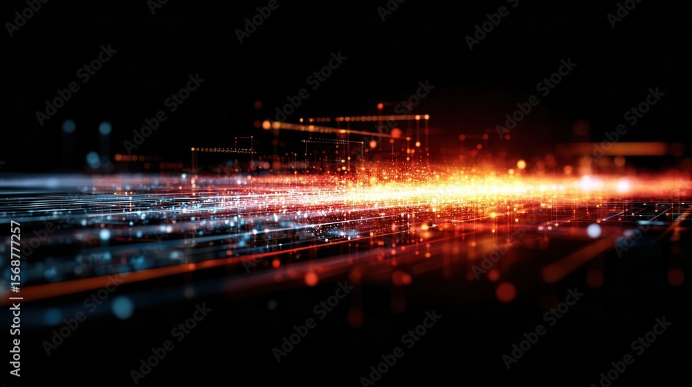 Poster abstract digital network design with glowing lines and points.