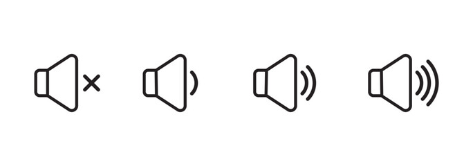 Sound volume icons set with different signal levels on white background. Аn icon that increases and reduces the sound. Speaker icon set. volume icon vector. loudspeaker icon vector.  design eps 10 