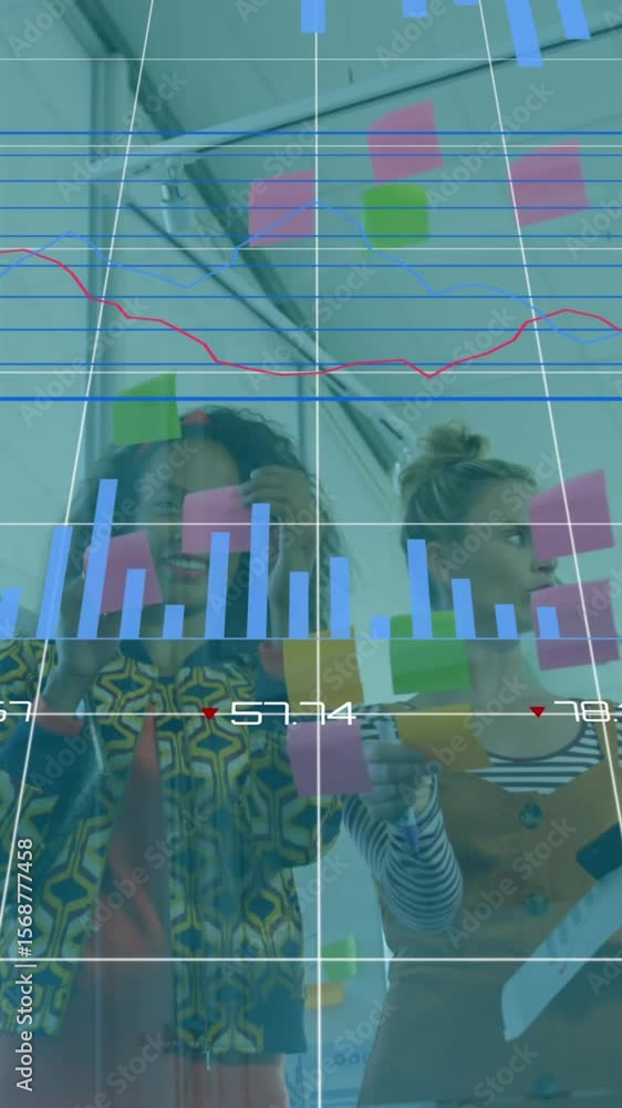 Poster animation of data processing over diverse colleagues discussing over memo notes at office