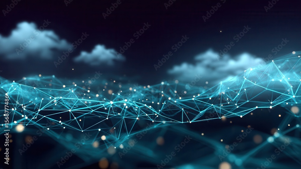 Poster abstract digital network design with glowing points and lines.