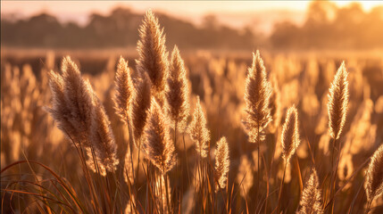Backlit Pampas Grass in the Golden Hour: A close-up of beautiful, fluffy pampas grass glowing in the golden hour light of a sunset.