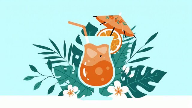 Tropical Drink with Umbrella on Sandy Beach with Palm Leaves and Aqua Background