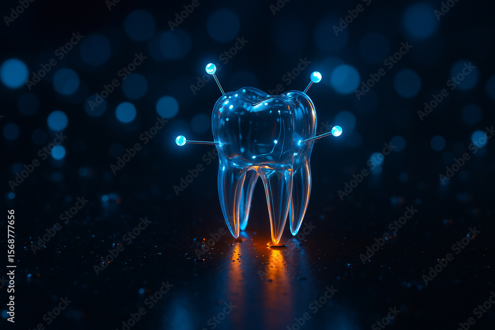Poster ai generated translucent futuristic tooth model with glowing blue and orange sensor rods on dark ref