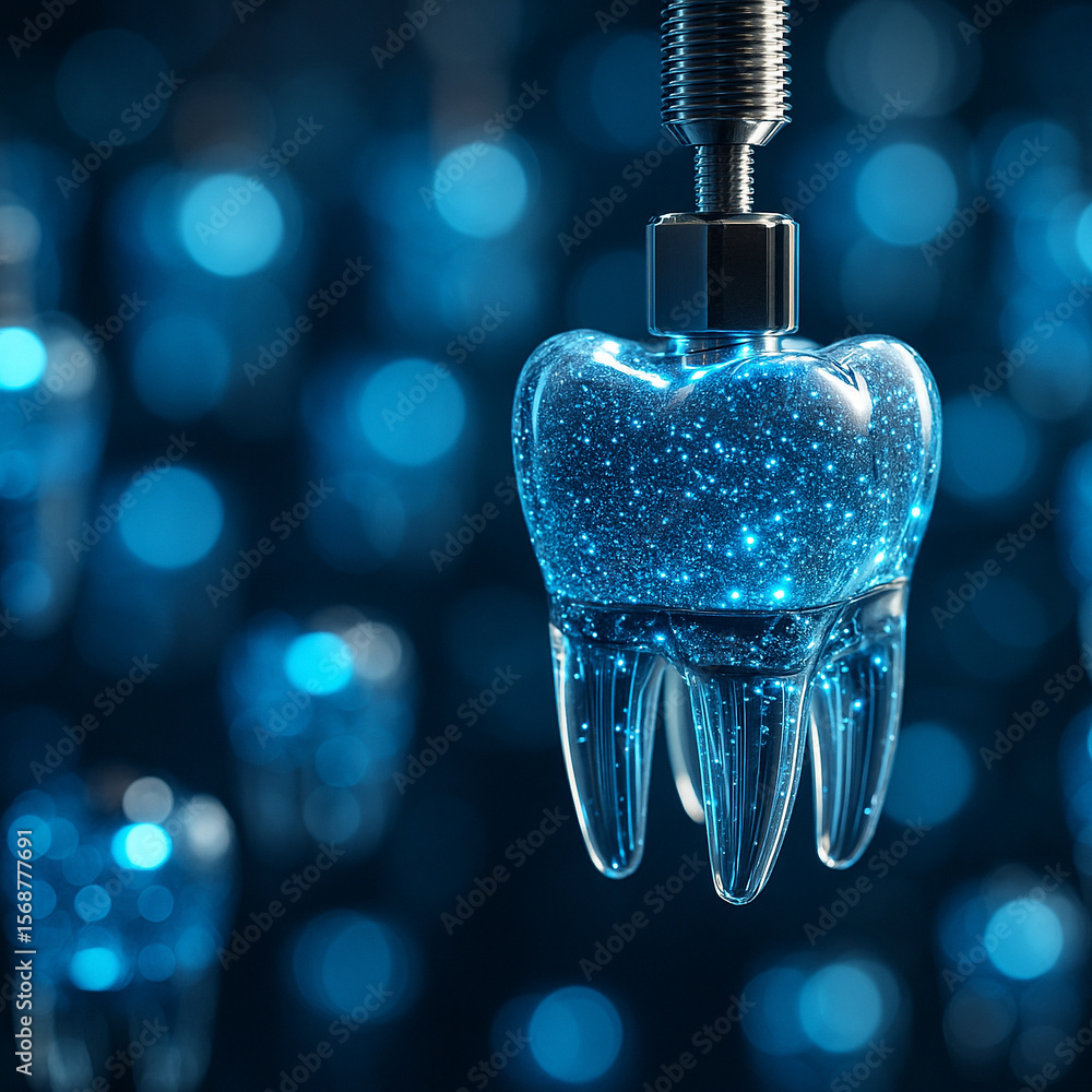 Poster ai generated translucent crystal tooth with glowing nano particles being installed by mechanical con