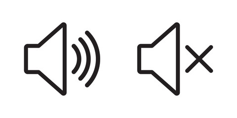 Silent and ring speaker icon set with simple and stroke style in black and white color vector . Speaker icon set. volume icon vector. loudspeaker icon vector. Mute and unmute vector design eps 10