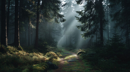 Obraz premium Sunlit Path Through a Misty Pine Forest: An atmospheric landscape of sun rays illuminating a walking trail in a foggy pine forest.