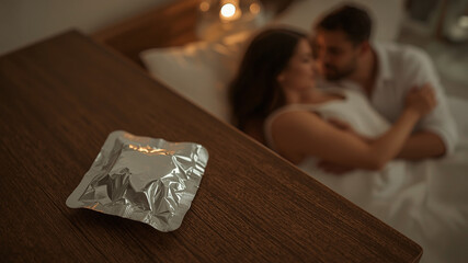 Intimate Moment: A close-up shot of a condom packet on a bedside table, with a blurred background of a couple embracing in bed, suggesting intimacy and safe sex practices.