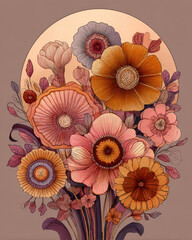Obraz premium Beautiful floral illustration featuring various flowers in warm tones, surrounded by delicate leaves, creating harmonious and artistic composition