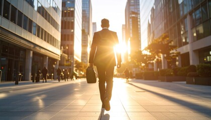 Businessman Walks Towards Bright Sunlight in Modern Cityscape, Success Concept.