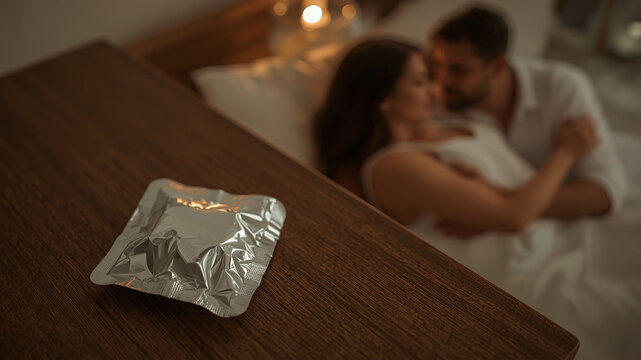 Intimate Moment: A close-up shot of a condom packet on a bedside table, with a blurred background of a couple embracing in bed, suggesting intimacy and safe sex practices. - Powered by Adobe