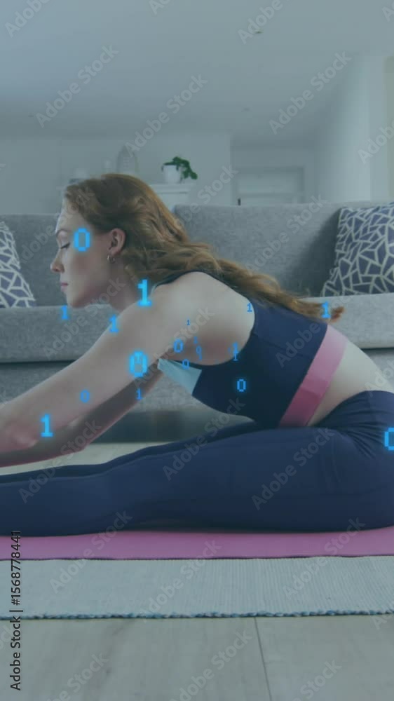 Poster animation of caucasian woman exercising with laptop and binary coding data processing