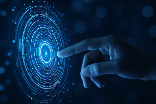 AI generated closeup of a human finger touching a glowing blue circular digital interface symbolizing futuristic control data access and high tech interaction with artificial intelligence
