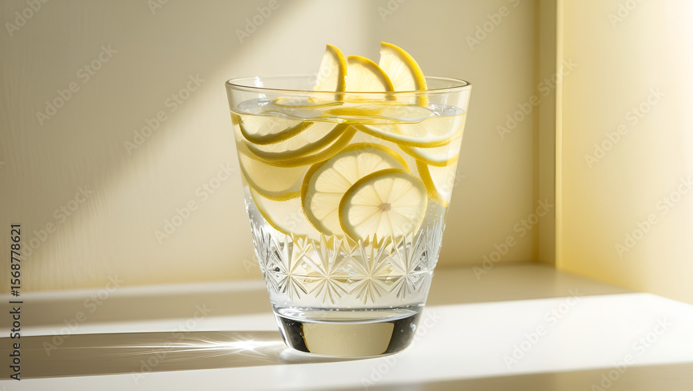 Poster refreshing lemon water in a glass with floating lemon slices