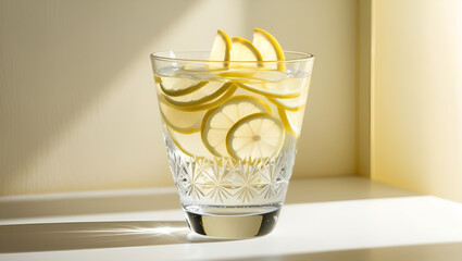 Refreshing Lemon Water in a Glass with Floating Lemon Slices

