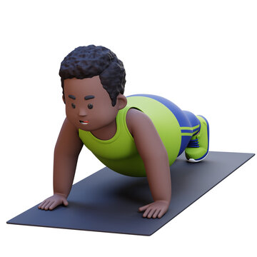 3D Plus Size Overweight obesse african man Doing Push Ups on a Mat
