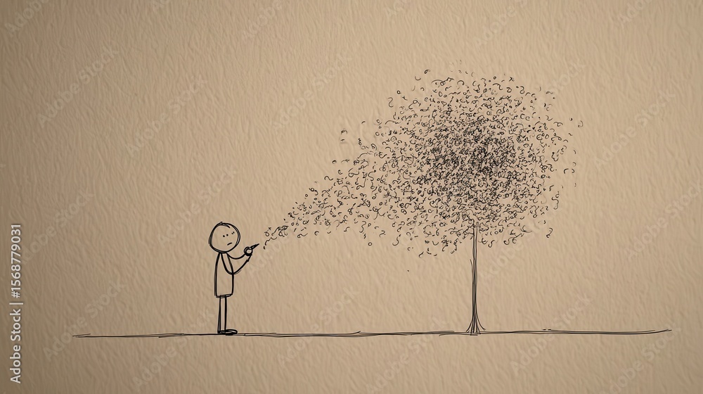 Poster simple line drawing of a person releasing a tree made of scattered marks.