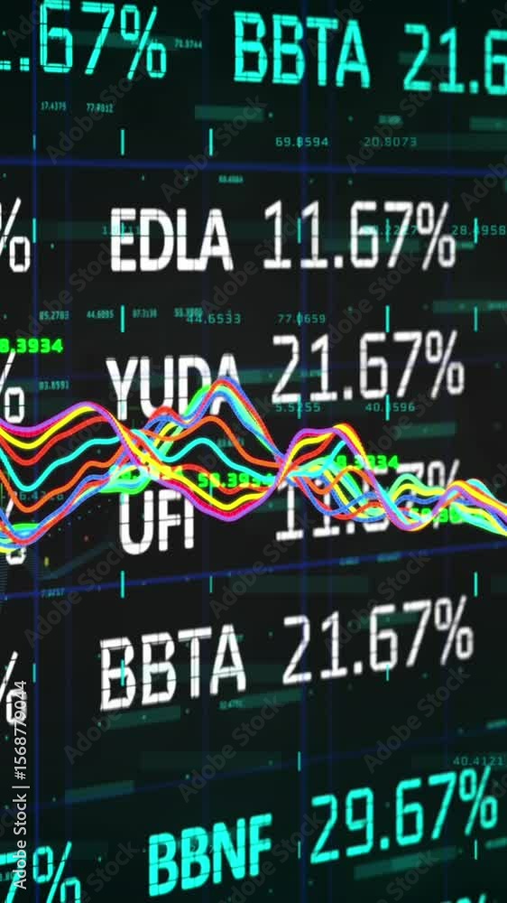 Poster animation of multicolored graphs over trading board against black background