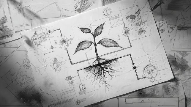 Intricate graphic design of a plant sprouting amidst complex sketches.