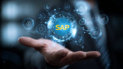 SAP Software Solutions, Business Applications, and Technology with Hand Holding Digital Interface
