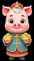 Obraz premium Cute Cartoon Pig in Traditional Chinese Attire Holding Gold Coins