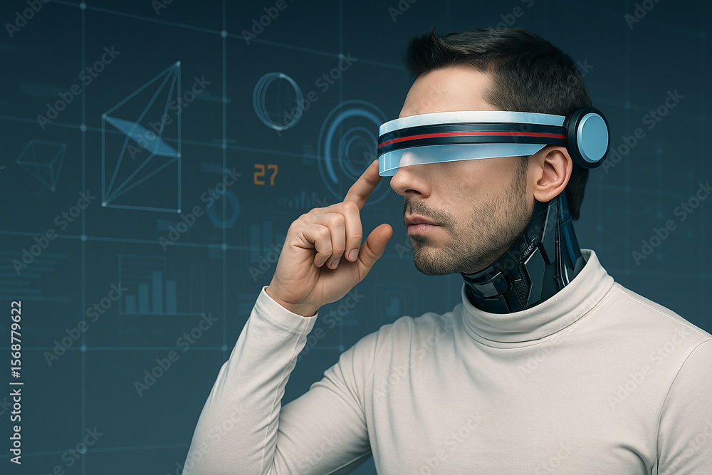 Poster ai generated cyborg man wearing augmented reality visor and interacting with holographic interface i