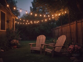 Cozy outdoor seating area illuminated by string lights during a summer evening in a tranquil backyard setting