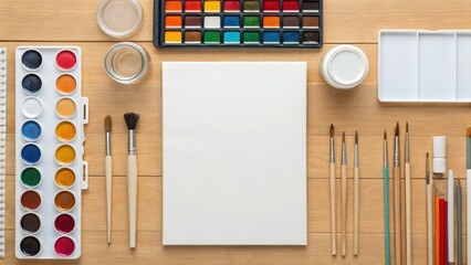 Art supplies arranged neatly on a workspace with blank canvas.
