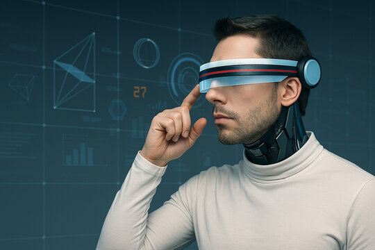 AI generated cyborg man wearing augmented reality visor and interacting with holographic interface in a clean high tech environment representing future human machine interaction - Powered by Adobe
