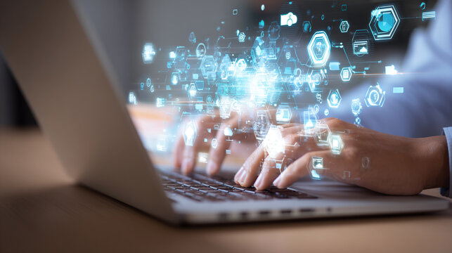 Person typing on laptop with digital icons, representing data, cloud computing