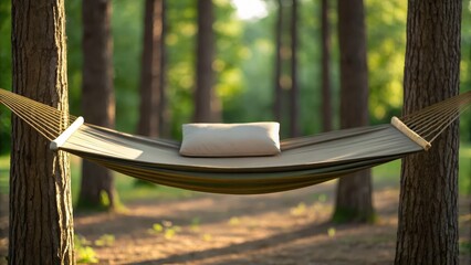 Hammock suspended between trees in a serene forest setting.